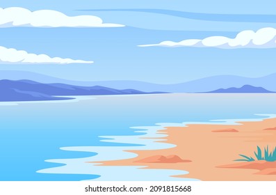 Colorful sea beach landscape with islands view and beautiful sky illustration