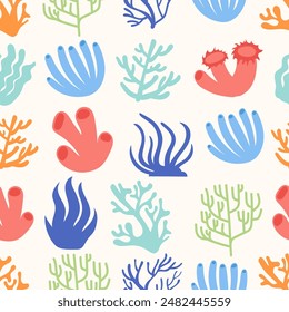 Colorful sea corals and seaweed seamless pattern.
