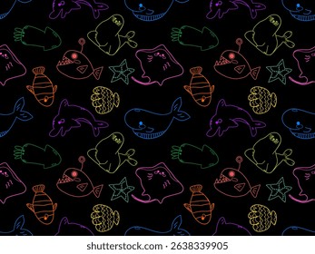 Colorful sea creature doodles on black background