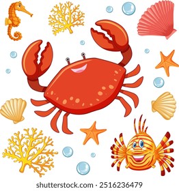 Colorful sea creatures and coral in vector art