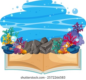 Colorful sea creatures emerge from an open book