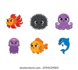 Colorful Sea Creatures — Goldfish, Urchin, Octopus, Jellyfish, and Dolphin