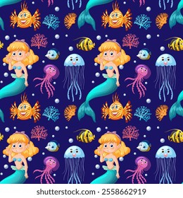 Colorful sea creatures and mermaids in ocean scene