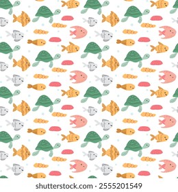 Colorful sea creatures pattern with turtles and fish on white background.