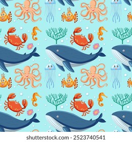 Colorful sea creatures in a seamless pattern