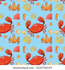 Colorful sea creatures and shells on blue background