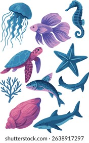 Colorful Sea Creatures Vector Set – Marine Animals Illustration