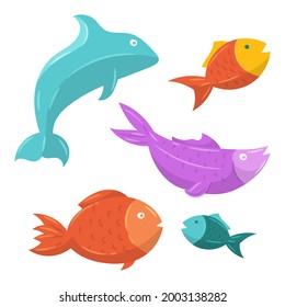 Colorful sea fish collections vector illustration, simple and cute flat design
