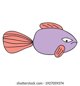 Colorful sea fish drawn by hand. Isolated on a white background. Children's illustration, sticker, fashion design. Vector illustration