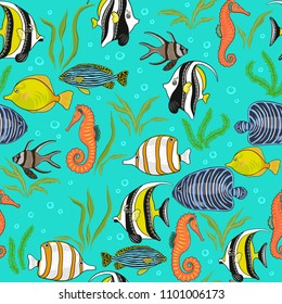 Colorful sea fish in the turquoise sea. Seamless decorative pattern.