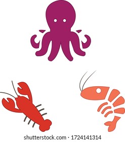 Colorful sea food icons, octopus, shrimp, lobster vector flat style