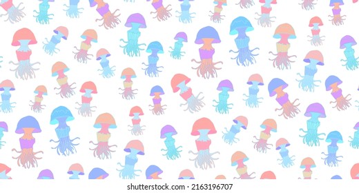 Colorful sea jellyfish isolated on white. Sea seamless pattern with sketch of jellyfish. Design in flat style for prints, of clothes, textiles, wrapping paper, wallpaper, wall art. Vector illustration