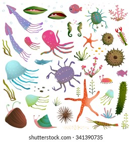 Colorful Sea Life Animals Isolated on White Cartoon Clip Art Collection. Under the sea marine life cute cartoon illustrations set. Vector EPS10. 