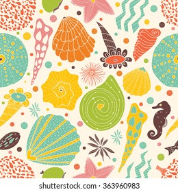 Colorful sea life. Cute kids pattern. Vector.