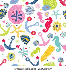 Colorful sea life. Cute seamless pattern. Kids vector background.