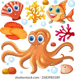 Colorful sea life featuring octopus and fish