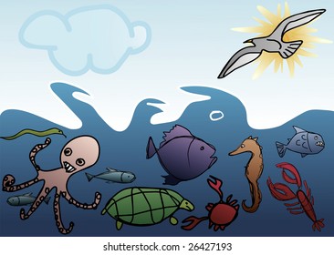 colorful sea life hand drawn vector