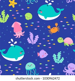 Colorful sea life illustration seamless pattern background