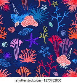 Colorful sea life. Seamless vector pattern with corals, starfishes and shells. Marine textile collection. On dark blue background.