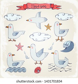Colorful sea set with cute seagulls. Elements for summer design: clouds, birds, shells, waves, stars, flag. Cartoon hand-drawn style. Isolated objects.