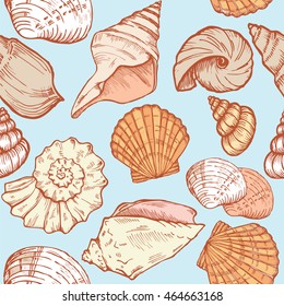 colorful sea shells on blue seamless vector background