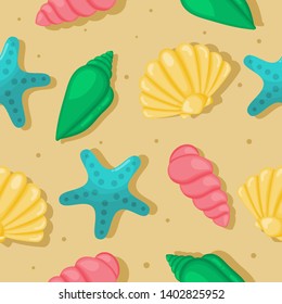 colorful sea shells seamless pattern. tropical shells underwater on sand background. vector Illustration.