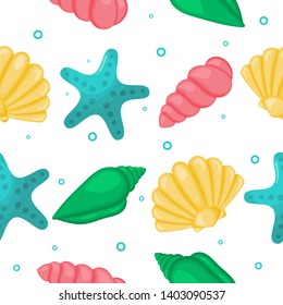 colorful sea shells seamless pattern. tropical shells underwater on white background. vector Illustration.