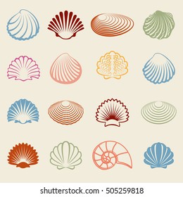 Colorful sea shells silhouettes set on white bckground. Vector illustration