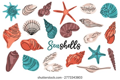 Colorful sea shells and starfish collection. Handdrawn underwater world elements for summer beach design, stickers and nautical decor.