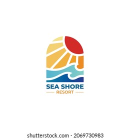 colorful sea shore window view logo vector suit for beach travel company