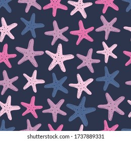 Colorful sea stars, starfishes on dark blue background. Cute cartoon style. Seamless vector pattern. 