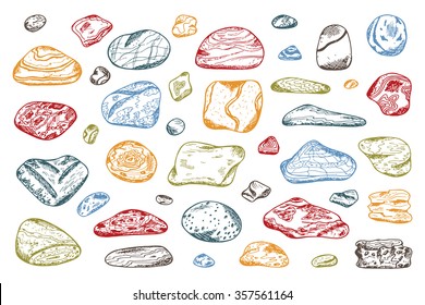 Colorful Sea stones set. Hand drawn doodle Sea Pebbles - vector illustration