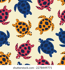 Colorful sea turtle hand drawn vector illustration. Cute ocean animal seamless pattern for kids fabric or wallpaper.