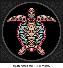 Colorful sea turtle mandala arts, isolated on black background