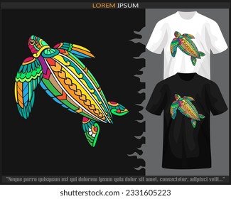 Colorful sea turtle mandala arts isolated on black and white t shirt.