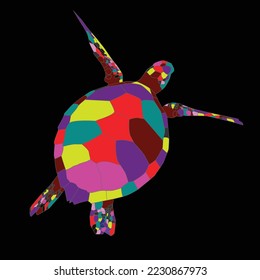 Colorful sea turtle stock illustration on black background