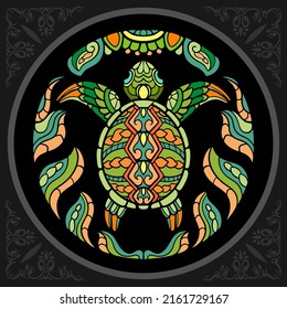 Colorful sea turtle zentangle arts. isolated on black background. svg