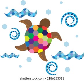 Colorful sea turtle.Hand drawn vector illustration. 