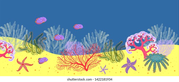 Colorful seabed with its inhabitants: corals, starfish, algae, fish.