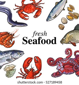 Colorful seafood banner, poster design with place for text, sketch vector illustration. Banner, poster, card, print layout design with hand drawn crab lobster eel salmon octopus squid shrimps mussels