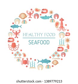 Colorful seafood and fish icons in round. Black background.