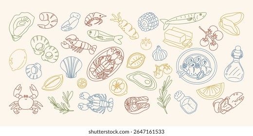 Contorno colorido de frutos do mar com peixe, lagosta, ervas e limão. Ótimo para menu, fundo, banner, papel de parede e página de coloração.