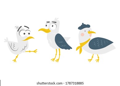 Colorful seagull bird vector illustration. Sea gull icon in flat design. Seabird isolated on white background.