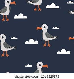 Colorful seagull pattern design on a dark blue background with white clouds