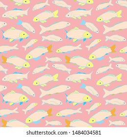 Colorful sealife goldfish koi seamless pattern. With geometric touch in tones of blue, pink and yellow. Modern, graphic, simple style. Perfect for restaurant menue, packaging design, aqua and sea
