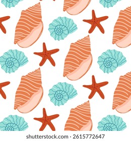 Colorful sea-life pattern featuring shells, starfish, and waves in vibrant styles