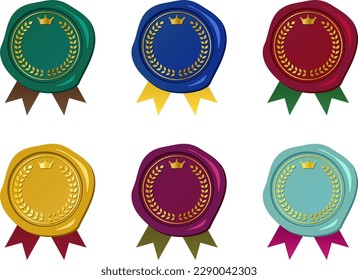 Colorful sealing stamp set with laurel wreath, crown and short ribbon