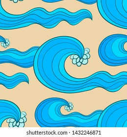 Colorful seamles pattern with oceanic waves with foam. Endles texture for backgrounds, wrapping and textile print.