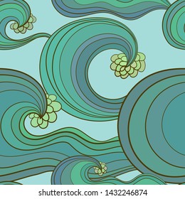 Colorful seamles pattern with oceanic waves with foam. Endles texture for backgrounds, wrapping and textile print.