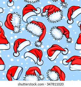 Colorful seamless 2017 pattern with red santa hats and snow on blue background, for your christmas design